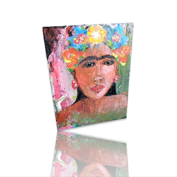 Original Frida Kahlo Inspired Acrylic Painting on Upcycled Wood Board, 8x10" - Picture 5 of 13